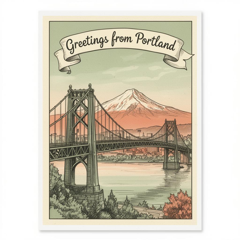 Vintage Portland postcard with bridge and Mt Hood
