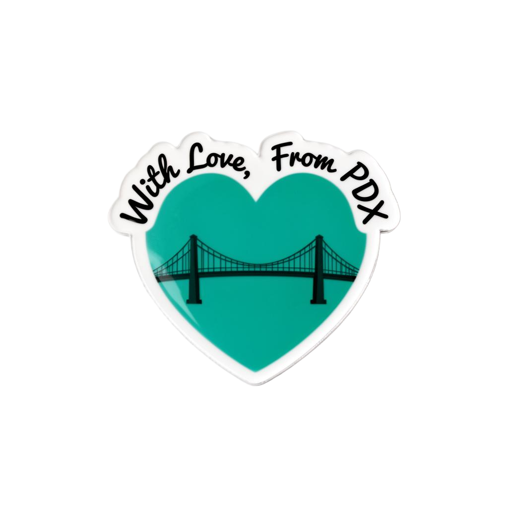 Teal heart sticker with a Portland bridge that reads With Love, From PDX